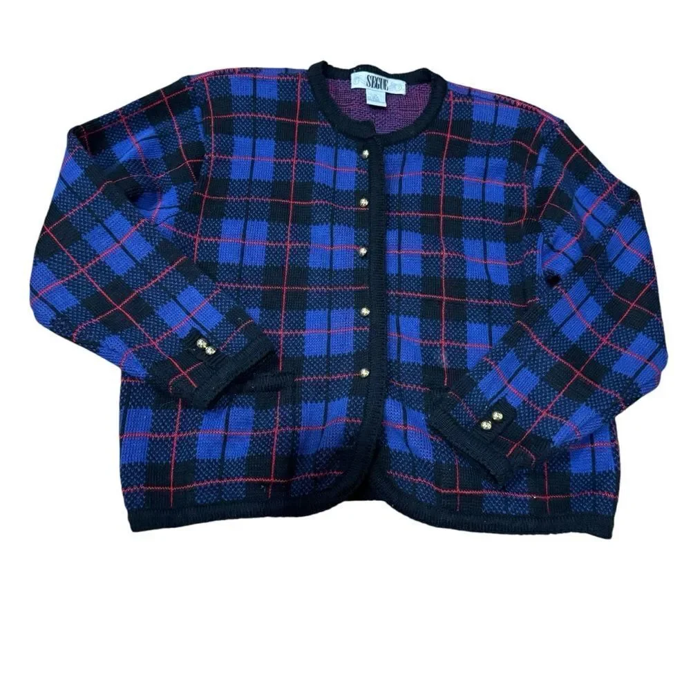 Segue Vintage Preppy Plaid Gold Button Crewneck Cardigan Sweater